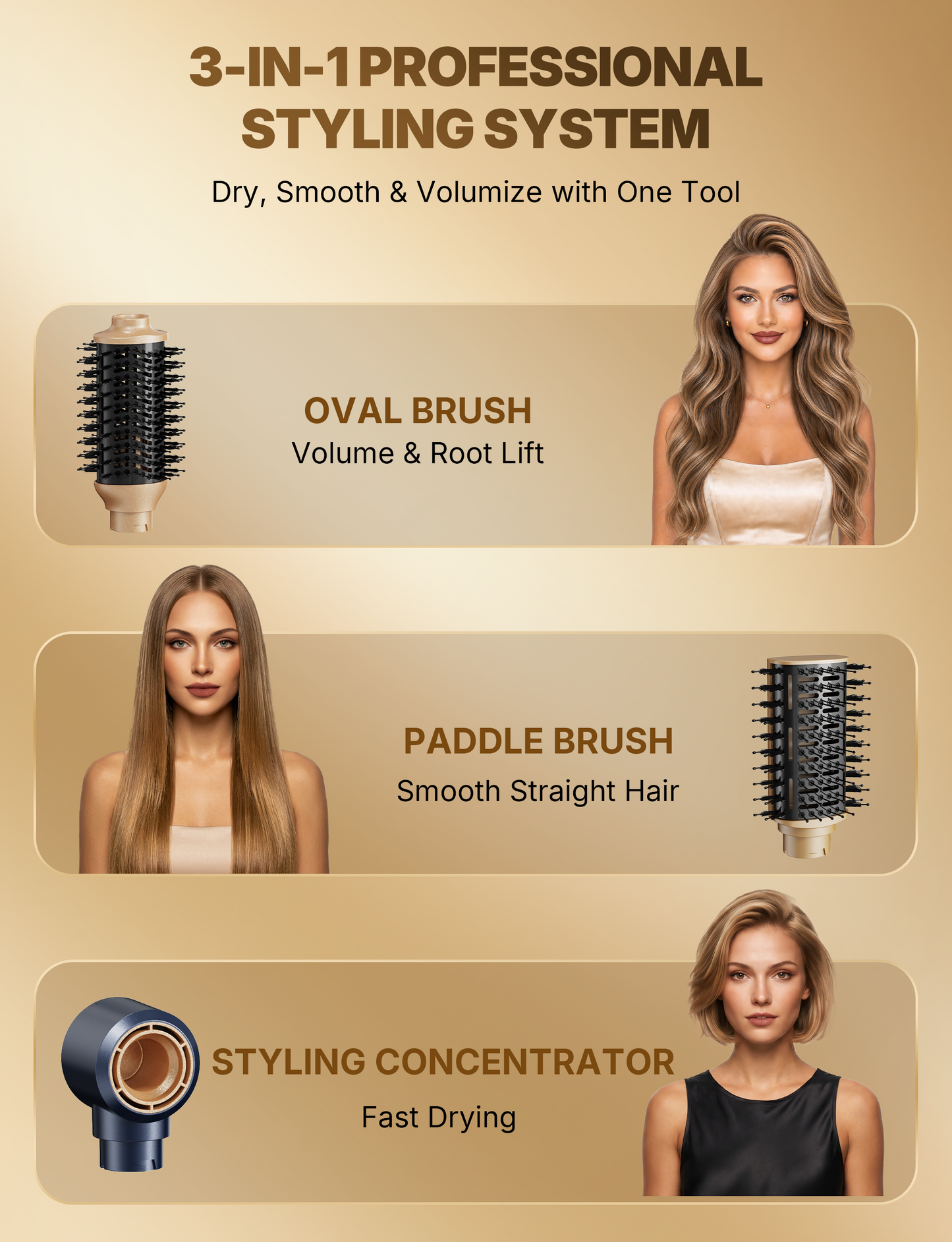 3-in-1 Hot Air Styler & Hair Dryer Brush | Negative Ion Multi Hair Styler, One-Step Volumising, Straightening & Blow Drying, High-Speed Motor, for Medium to Long Hair