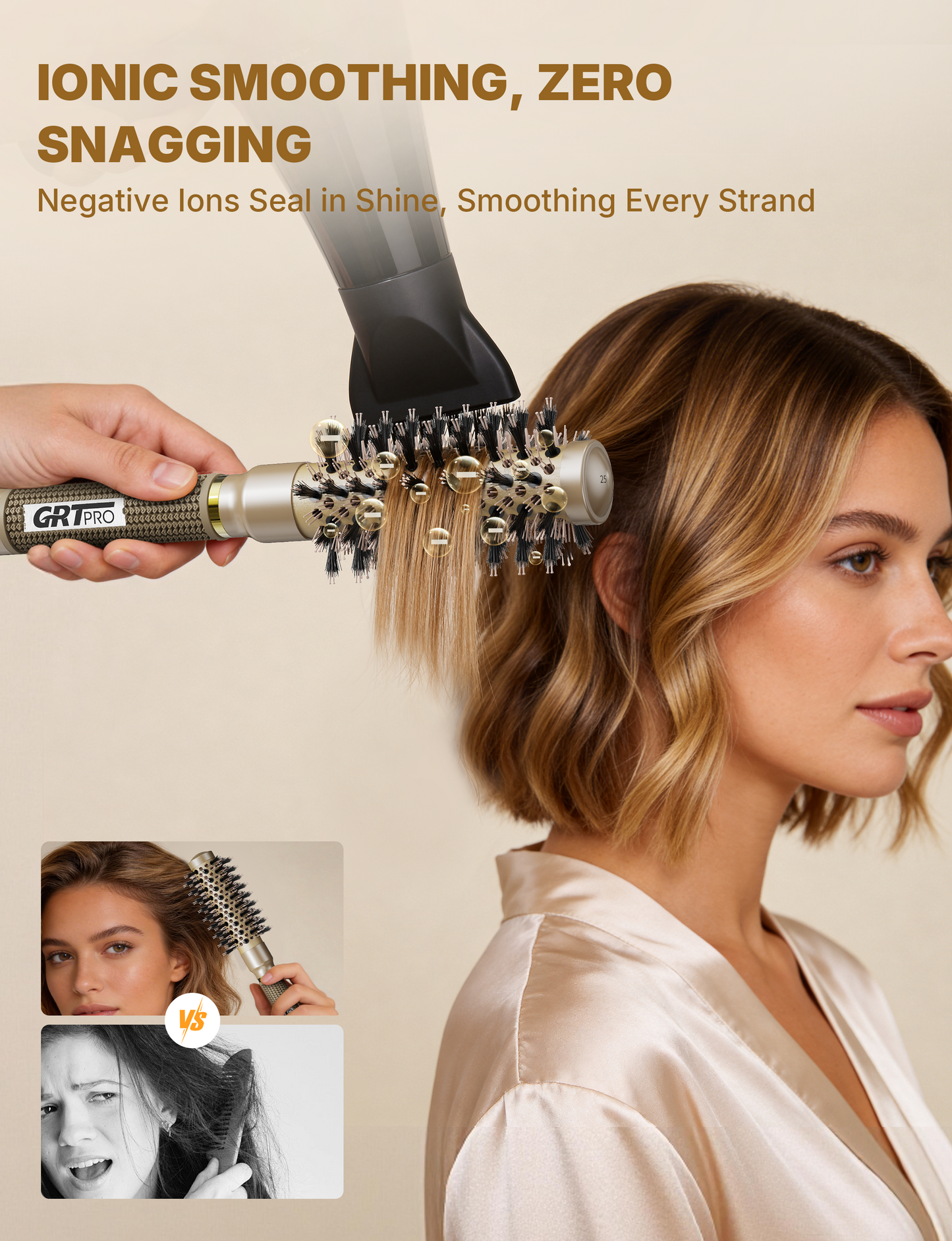 Professional Round Hair Brush Ceramic Negative Ion round brushes for blow drying with Circular Airflow, Even airflow for smooth, One-Stroke Smoothness for Tangle-Free Hair Care, 25MM, Short Hair
