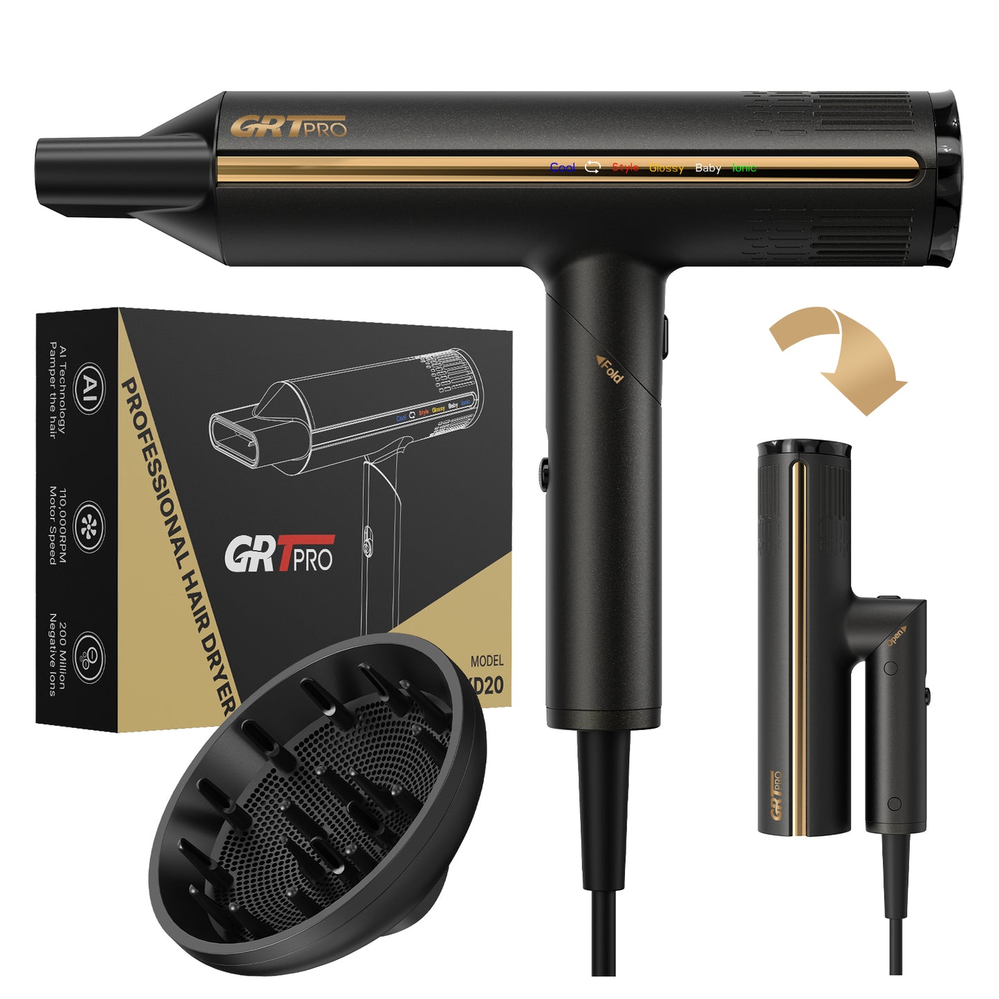 Professional Hair Dryer Foldable 2200W 110,000 RPM Ionic Hairdryer for Women 200 Million Negative Ions Lightweight Low Noise, 1 Diffuser & 1 Nozzle, 3 Speeds 4 Heat Settings for Salon, Home & Travel