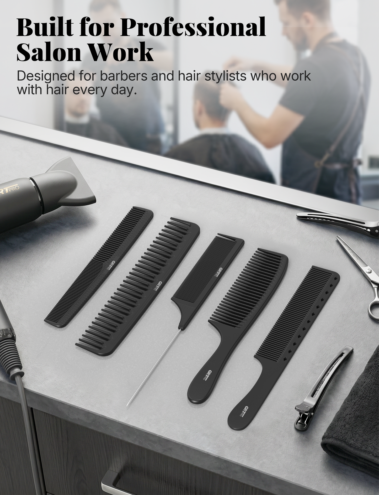 Hair Combs Set 5 Pcs Professional Hairdressing Styling Combs with Stainless Steel Handle, Tail Comb wide tooth comb Cutting Comb, Salon Barber Women Men, Heat Resistant Anti-static, Wet or Dry Use