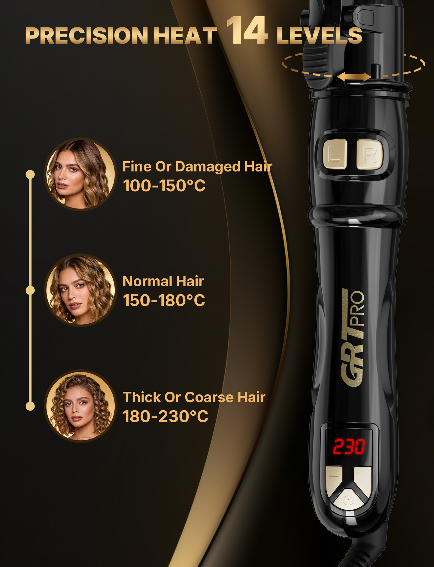 9mm Auto-Rotating Curling Iron, Professional Texturing Tool with 14 Heat Settings 100-230°C, Ceramic Tourmaline Coating, 30s Fast Heat-Up, Auto Shut-Off – for Short/Medium Hair, Tight Curls & Root Lift