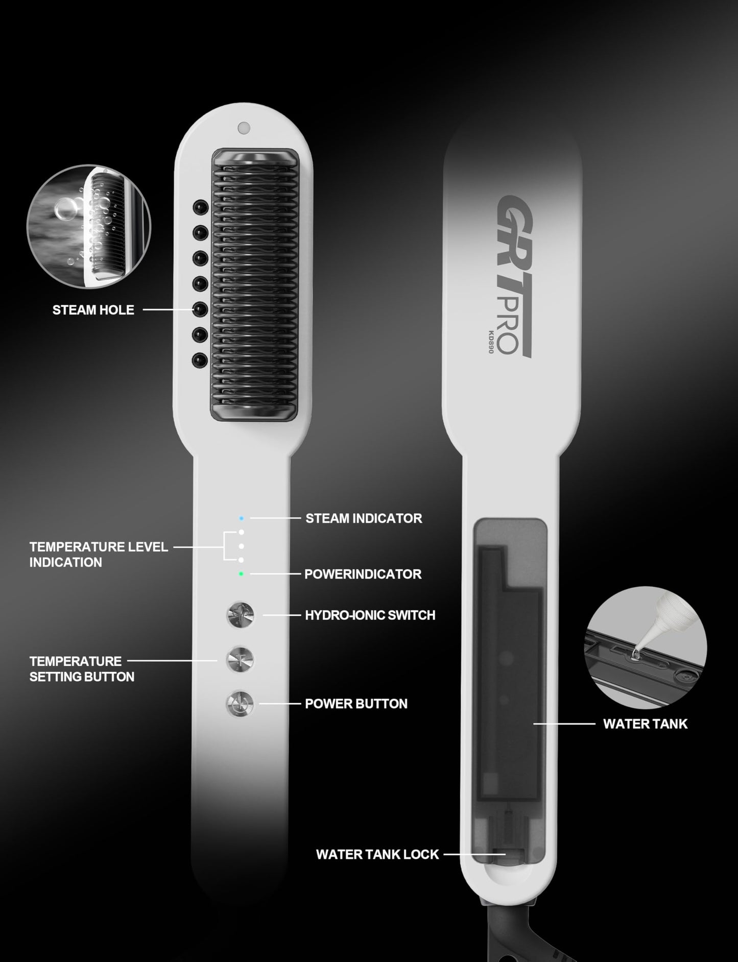 Hair Straightener Brush, Hydro-Ionic Ceramic