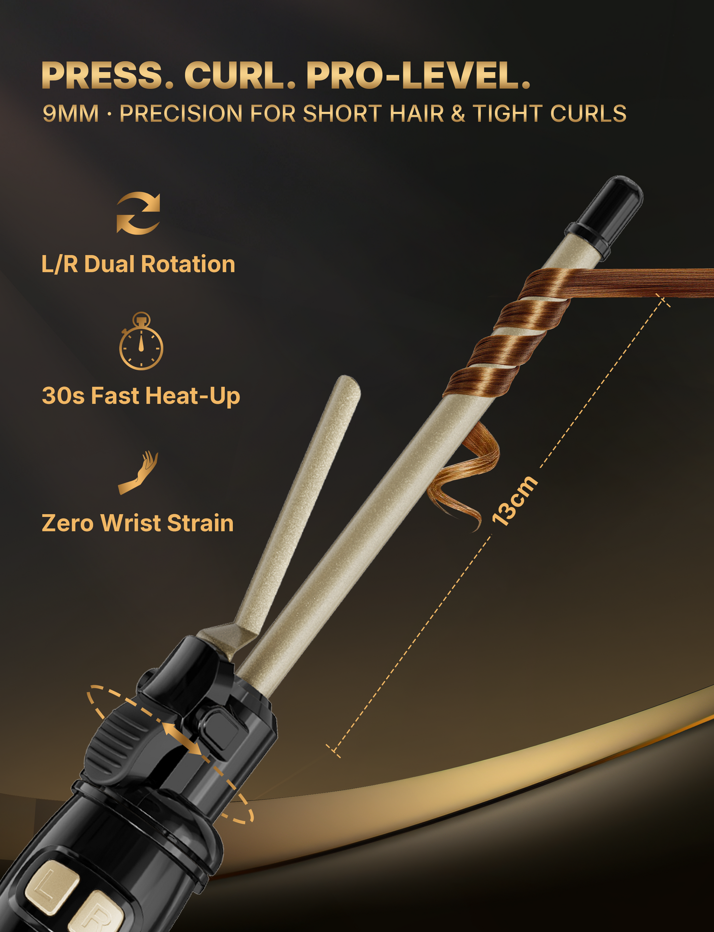 9mm Auto-Rotating Curling Iron, Professional Texturing Tool with 14 Heat Settings 100-230°C, Ceramic Tourmaline Coating, 30s Fast Heat-Up, Auto Shut-Off – for Short/Medium Hair, Tight Curls & Root Lift